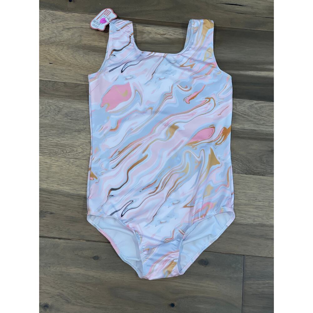 Girls Pink Blue & Gold Swirl One‑Piece Swimsuit Size M (7/8) NWT